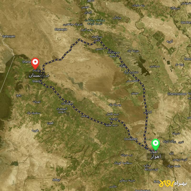 مسافت و فاصله بستان - خوزستان تا اهواز از ۲ مسیر - اردیبهشت ۱۴۰۳