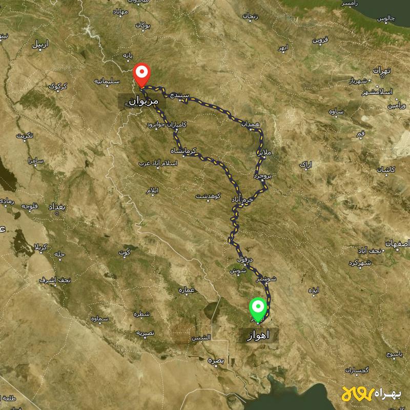 مسافت و فاصله مریوان - کردستان تا اهواز از 2 مسیر - مسیریاب بهراه