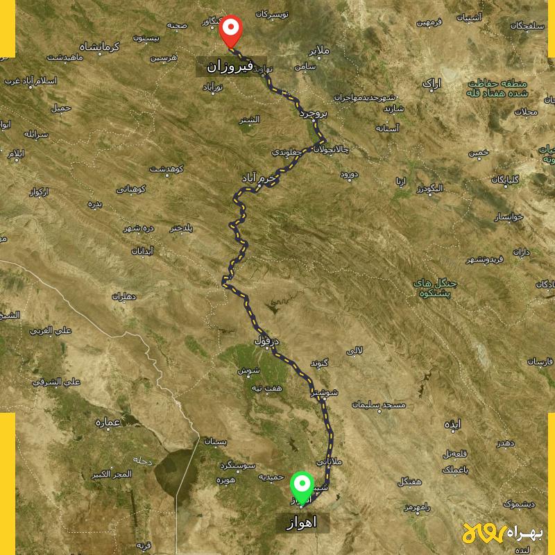 مسافت و فاصله فیروزان - همدان تا اهواز - بهمن ۱۴۰۳