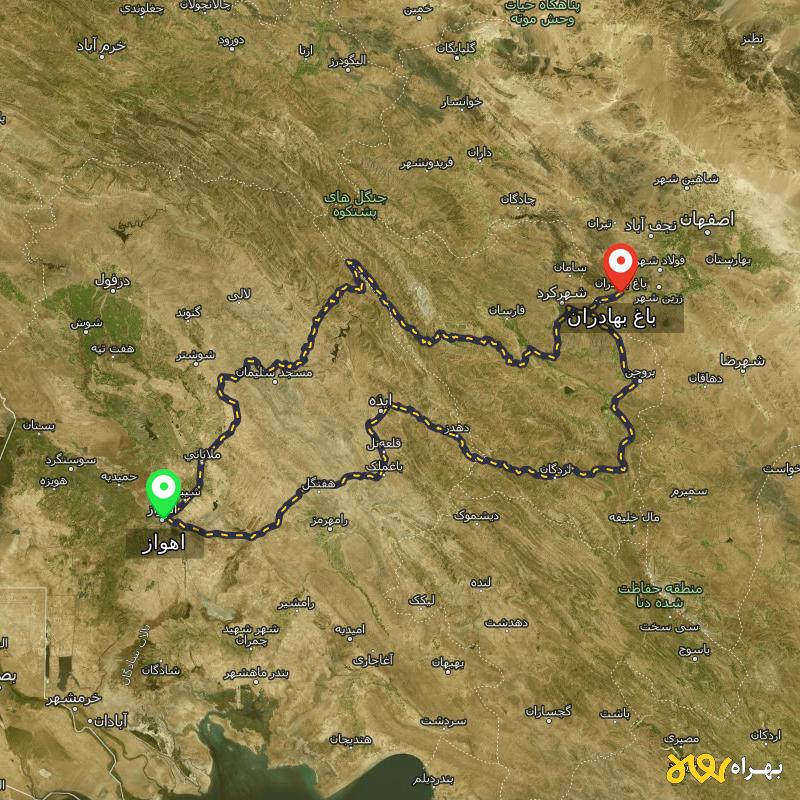 مسافت و فاصله باغ بهادران - اصفهان تا اهواز از ۲ مسیر - آذر ۱۴۰۳