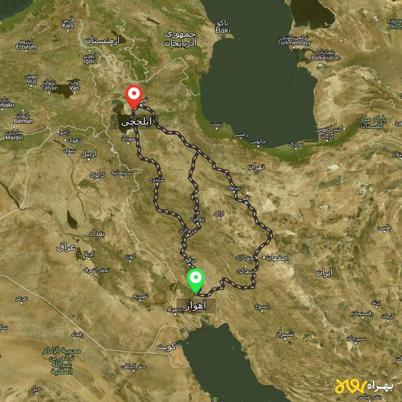 مسافت و فاصله ایلخچی - آذربایجان شرقی تا اهواز از ۳ مسیر - آذر ۱۴۰۳