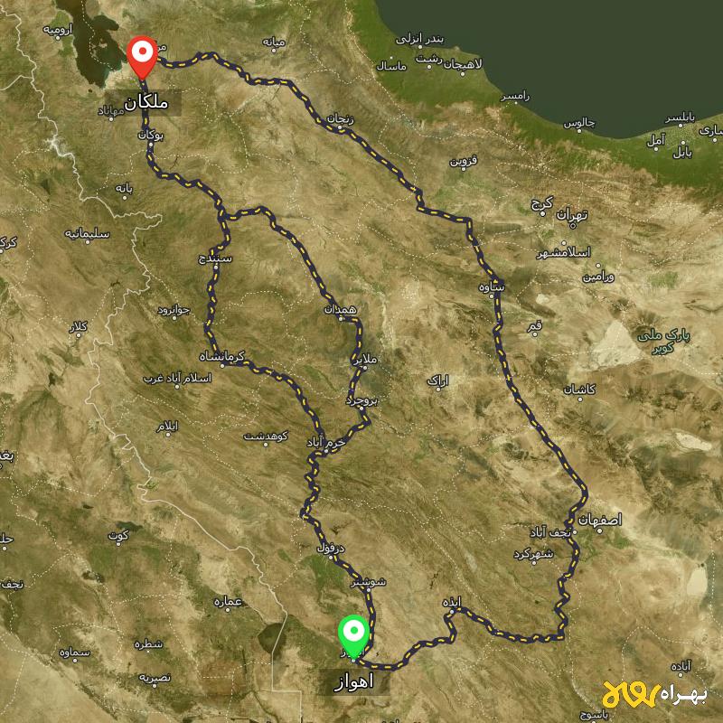 مسافت و فاصله ملکان - آذربایجان شرقی تا اهواز از ۳ مسیر - مرداد ۱۴۰۳