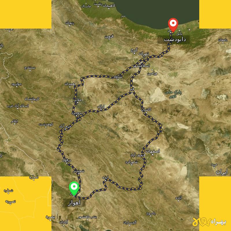 مسافت و فاصله دابودشت - مازندران تا اهواز از ۳ مسیر - مهر ۱۴۰۳
