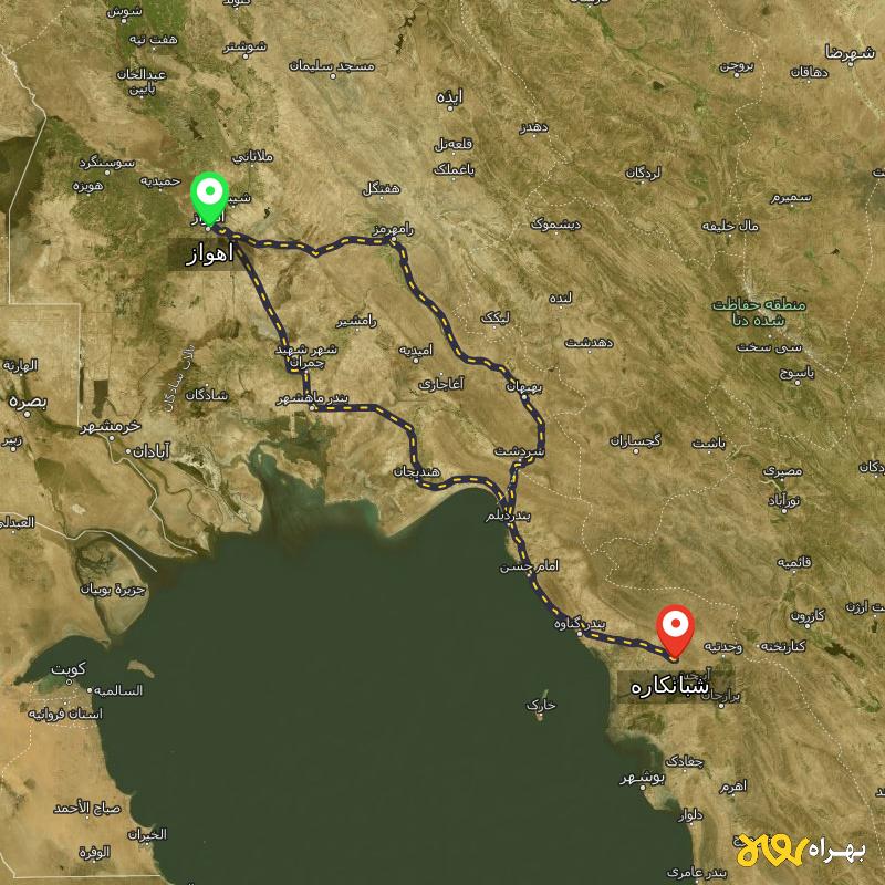 مسافت و فاصله شبانکاره - بوشهر تا اهواز از ۲ مسیر - اردیبهشت ۱۴۰۳