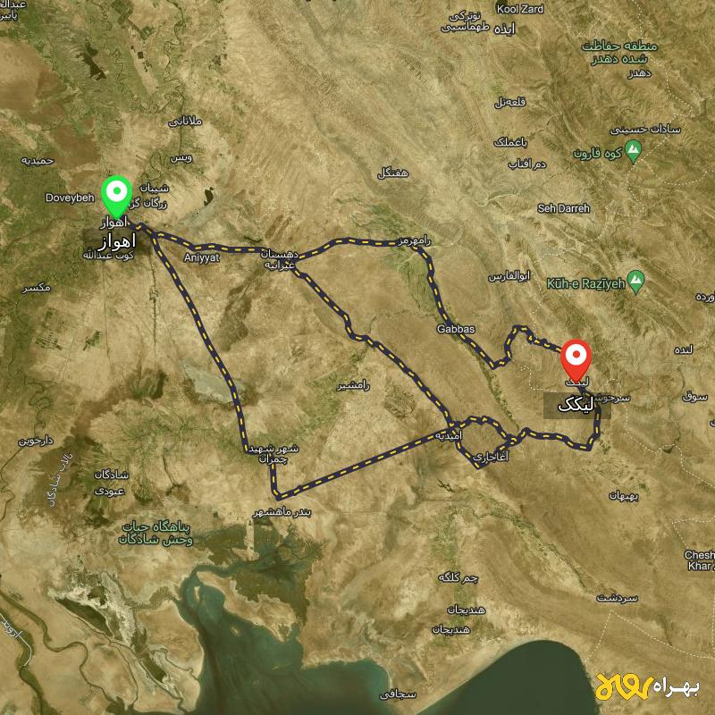مسافت و فاصله لیکک - کهگیلویه و بویر احمد تا اهواز از 3 مسیر - مسیریاب بهراه