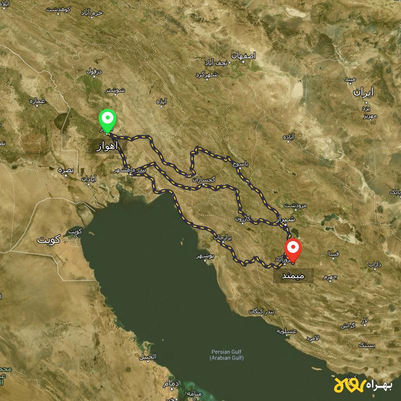 مسافت و فاصله میمند - فارس تا اهواز از ۳ مسیر - آذر ۱۴۰۳