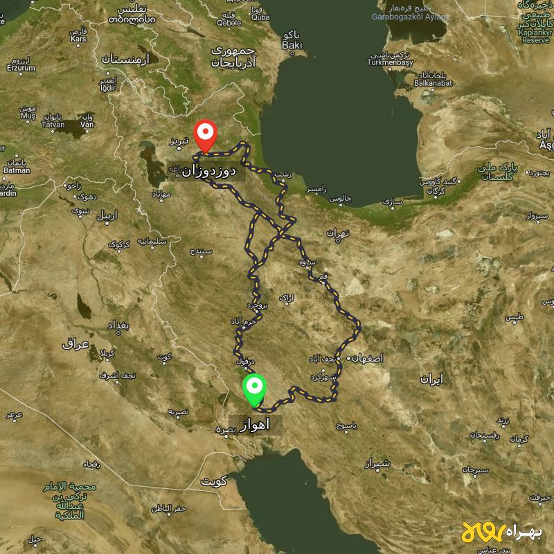 مسافت و فاصله دوزدوزان - آذربایجان شرقی تا اهواز از ۳ مسیر - مهر ۱۴۰۳