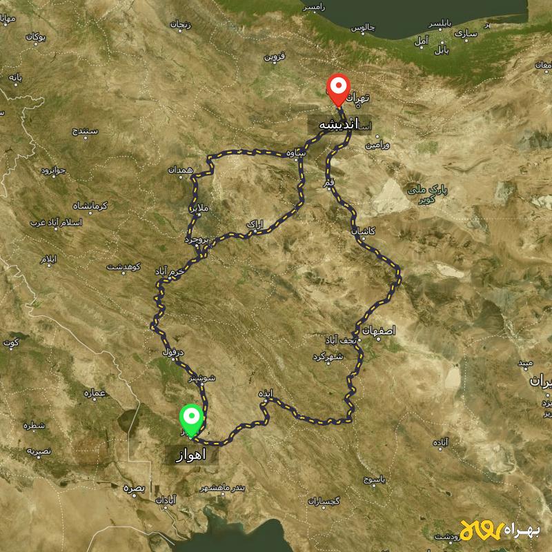 مسافت و فاصله اندیشه تا اهواز از ۳ مسیر - بهمن ۱۴۰۳