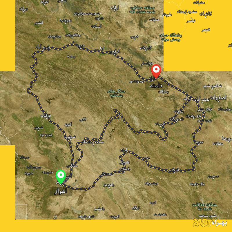 مسافت و فاصله دامنه - اصفهان تا اهواز از ۳ مسیر - دی ۱۴۰۳