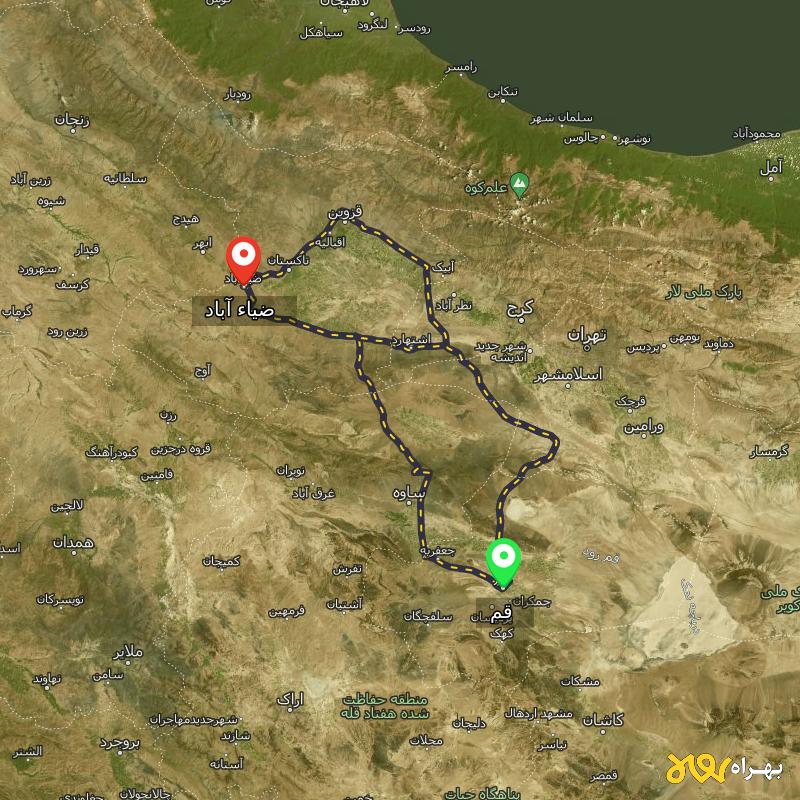 مسافت و فاصله ضیاء آباد - قزوین تا قم از ۳ مسیر - اردیبهشت ۱۴۰۳