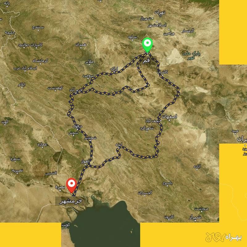 مسافت و فاصله خرمشهر - خوزستان تا قم از ۳ مسیر - اردیبهشت ۱۴۰۳