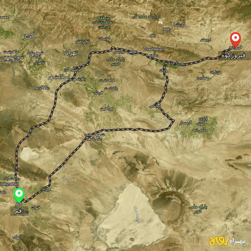 مسافت و فاصله فیروزکوه - تهران تا قم از 2 مسیر - مسیریاب بهراه