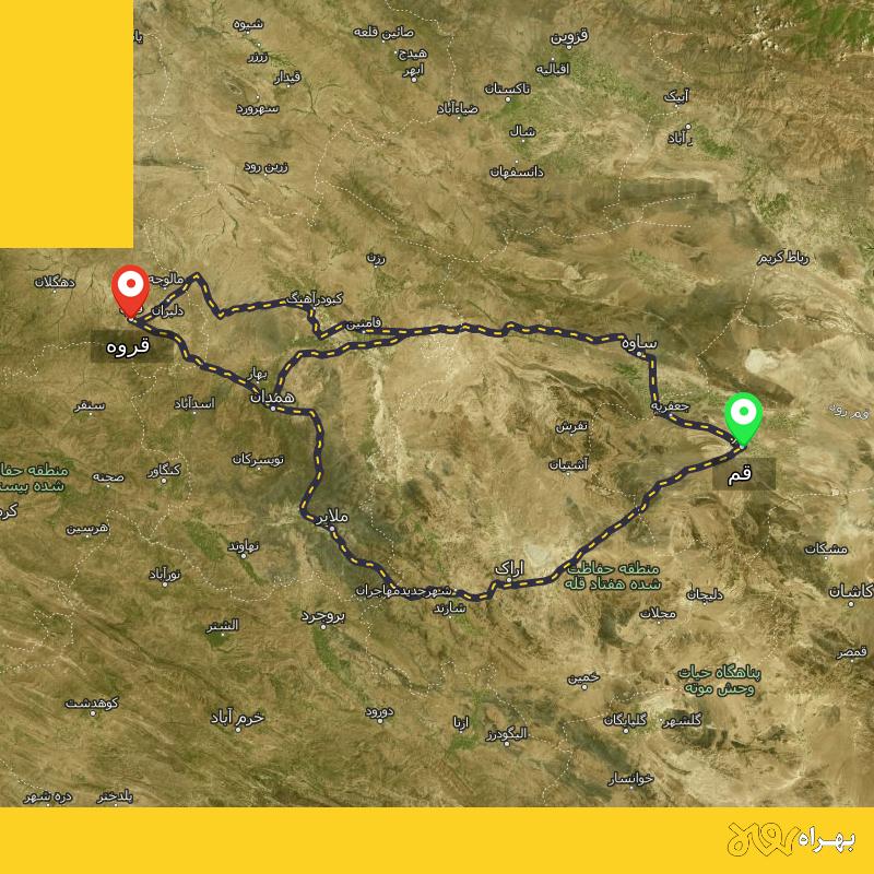 مسافت و فاصله قروه - کردستان تا قم از ۳ مسیر - اردیبهشت ۱۴۰۳