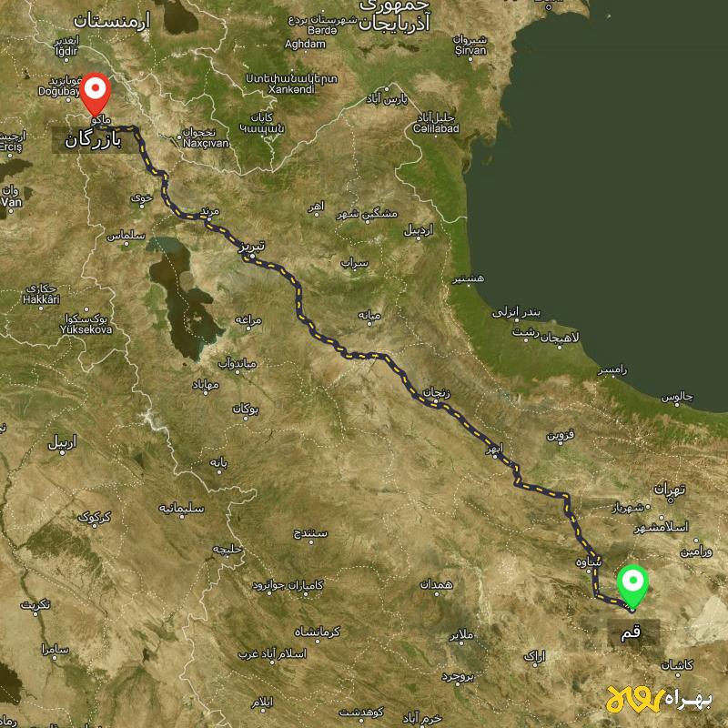 مسافت و فاصله بازرگان - آذربایجان غربی تا قم - اردیبهشت ۱۴۰۳