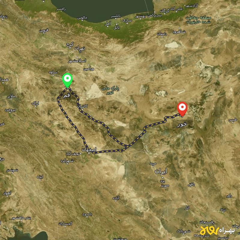 مسافت و فاصله خور - اصفهان تا قم از ۲ مسیر - آذر ۱۴۰۳