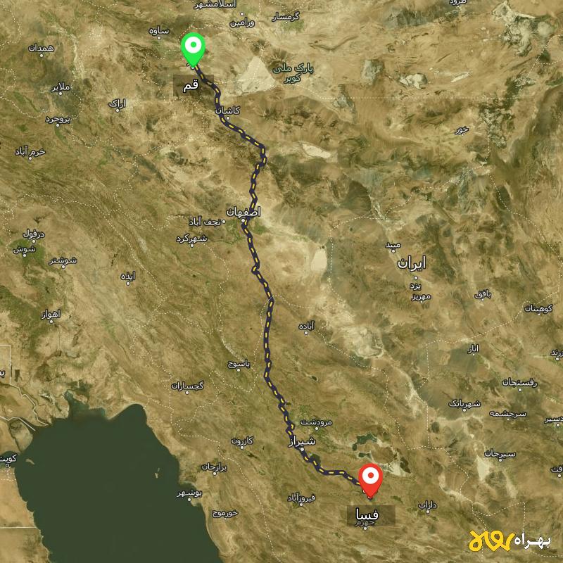 مسافت و فاصله فسا - فارس تا قم - مسیریاب بهراه