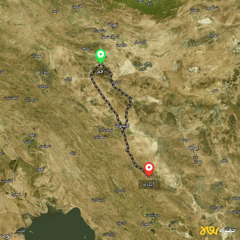 مسافت و فاصله آباده - فارس تا قم از 2 مسیر - مسیریاب بهراه