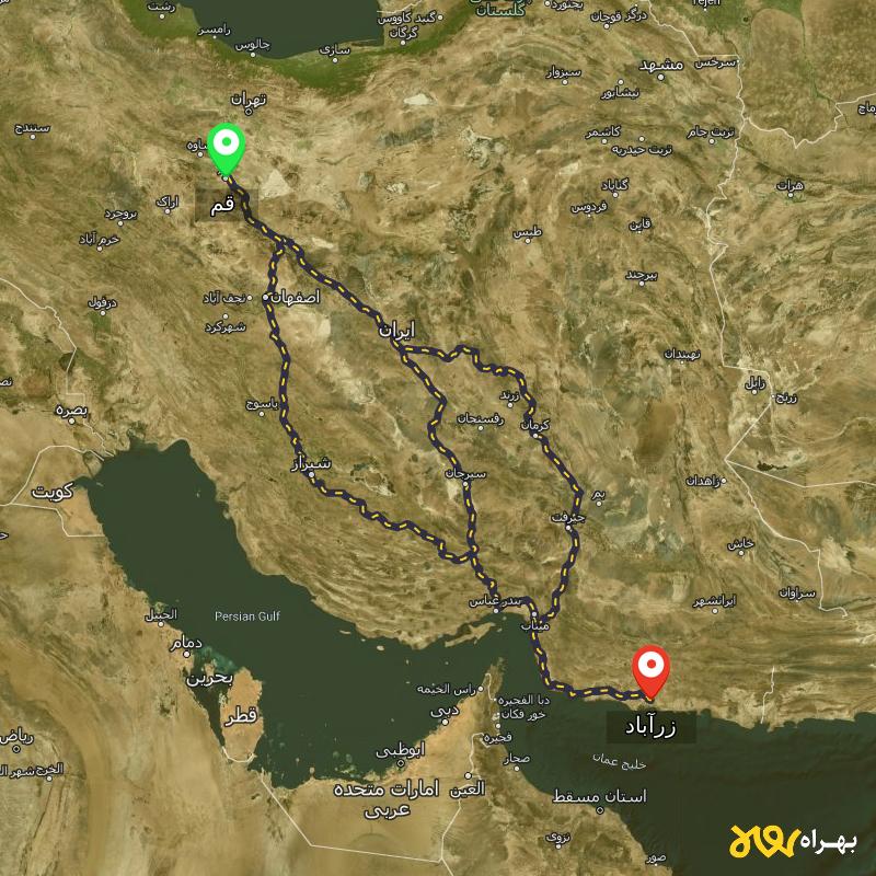 مسافت و فاصله زرآباد - سیستان و بلوچستان تا قم از ۳ مسیر - اسفند ۱۴۰۳