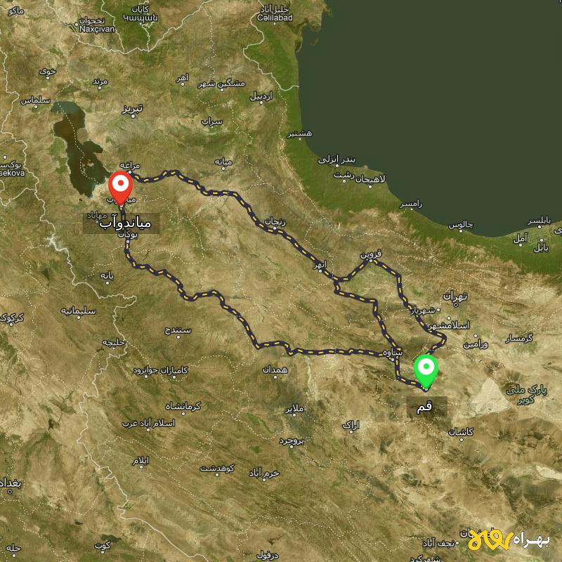 مسافت و فاصله میاندوآب - آذربایجان غربی تا قم از 3 مسیر - مسیریاب بهراه