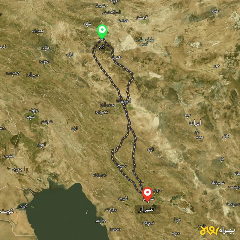 مسافت و فاصله شیراز تا قم از 3 مسیر - مسیریاب بهراه