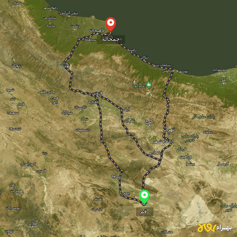 مسافت و فاصله چمخاله - گیلان تا قم از ۳ مسیر - اردیبهشت ۱۴۰۳
