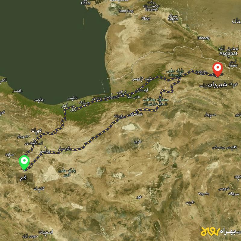 مسافت و فاصله شیروان - خراسان شمالی تا قم از 2 مسیر - مسیریاب بهراه