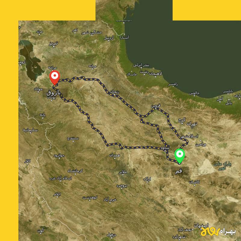 مسافت و فاصله باروق - آذربایجان غربی تا قم از ۳ مسیر - آذر ۱۴۰۳