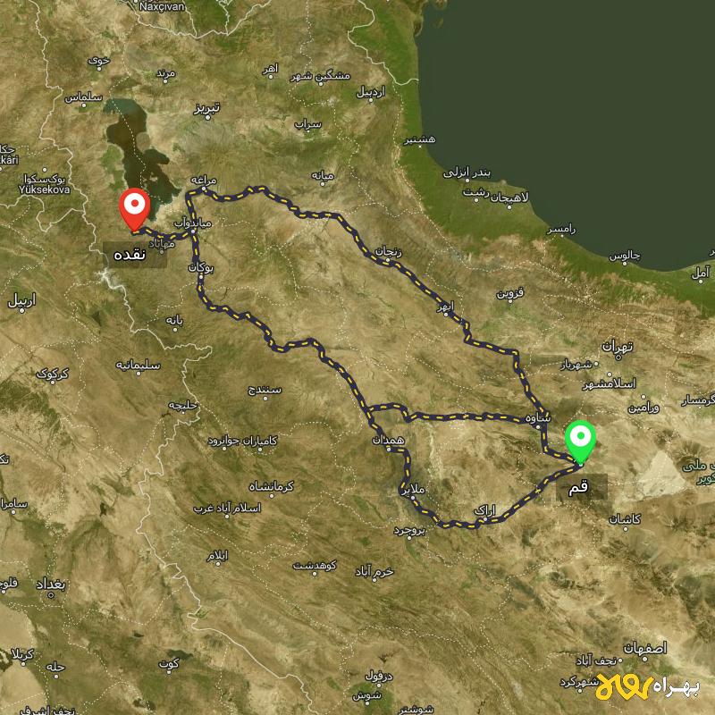 مسافت و فاصله نقده - آذربایجان غربی تا قم از ۳ مسیر - اردیبهشت ۱۴۰۳