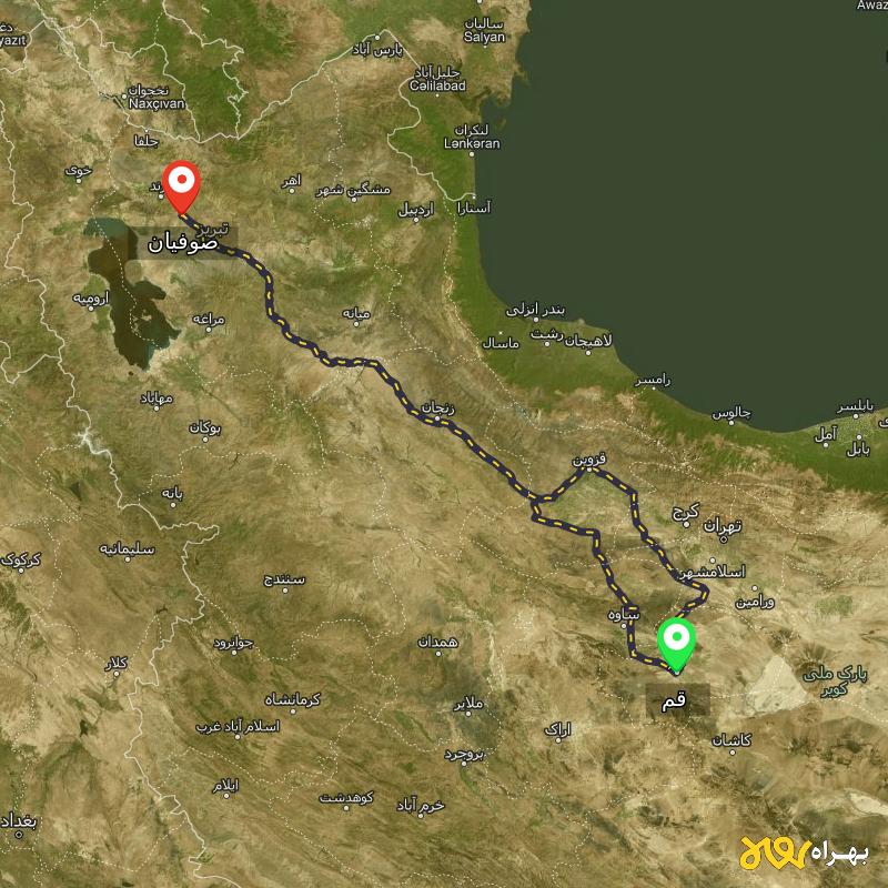 مسافت و فاصله صوفیان - آذربایجان شرقی تا قم از ۲ مسیر - آذر ۱۴۰۳
