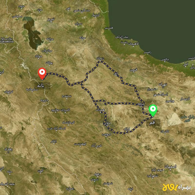 مسافت و فاصله بانه - کردستان تا قم از ۳ مسیر - اردیبهشت ۱۴۰۳