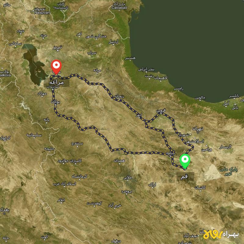 مسافت و فاصله مراغه - آذربایجان شرقی تا قم از ۳ مسیر - اردیبهشت ۱۴۰۳