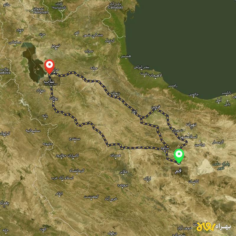 مسافت و فاصله بناب - آذربایجان شرقی تا قم از ۳ مسیر - آذر ۱۴۰۳