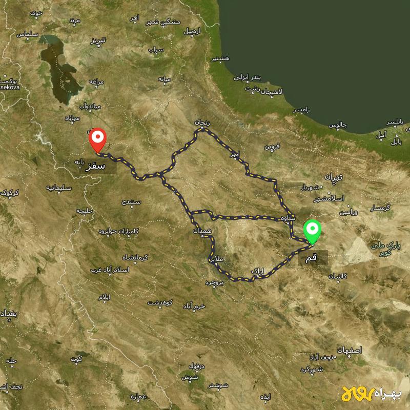 مسافت و فاصله سقز - کردستان تا قم از ۳ مسیر - مرداد ۱۴۰۳