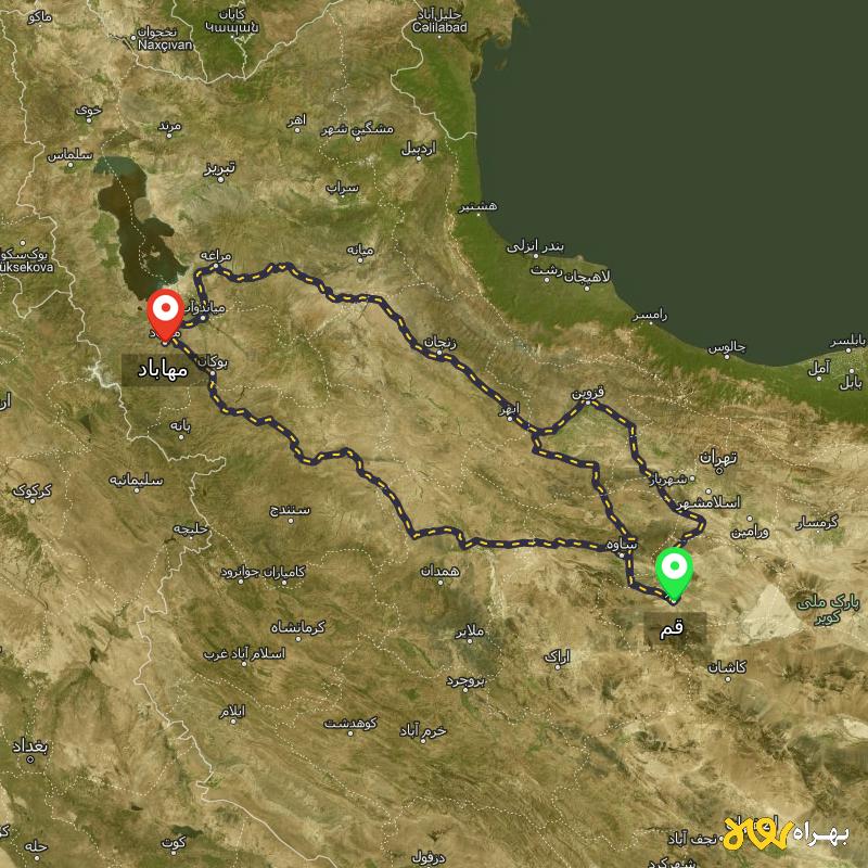 مسافت و فاصله مهاباد - آذربایجان غربی تا قم از ۳ مسیر - اردیبهشت ۱۴۰۳
