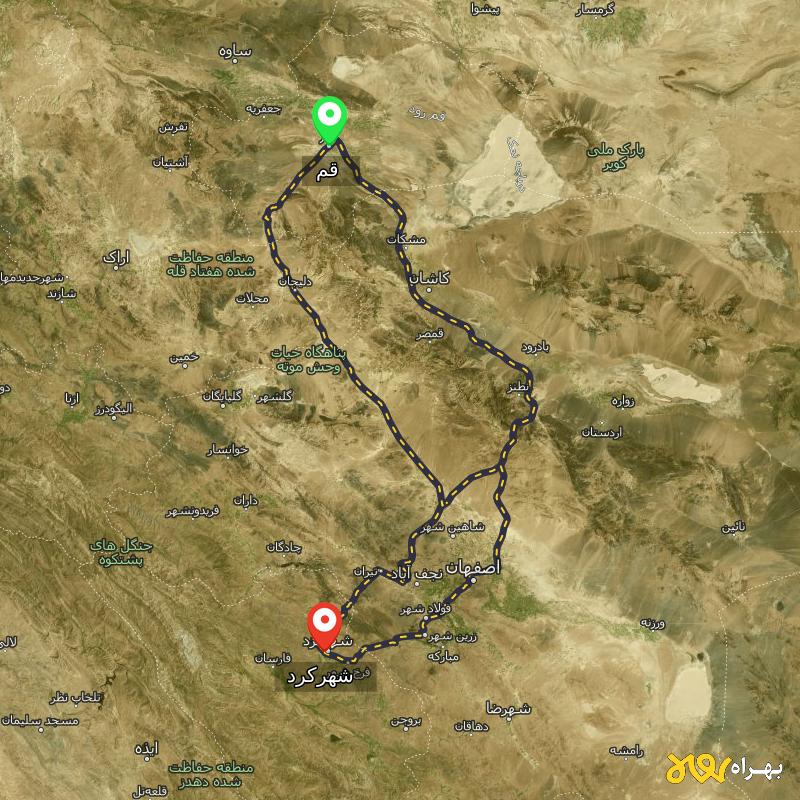 مسافت و فاصله شهرکرد تا قم از ۳ مسیر - مرداد ۱۴۰۳