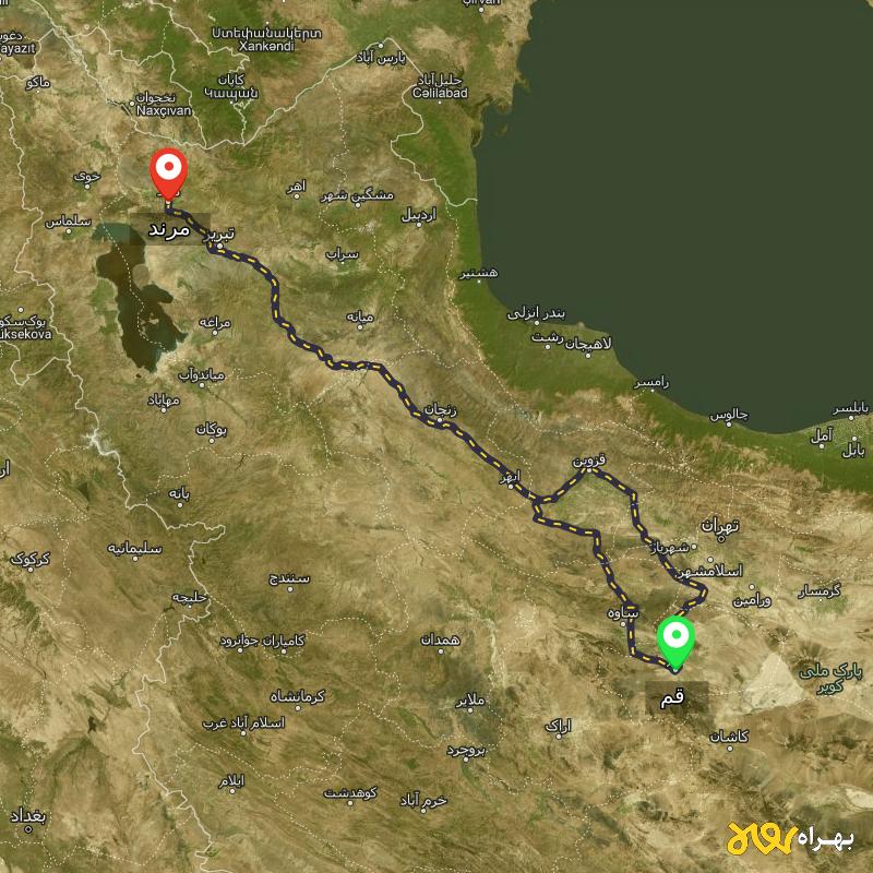 مسافت و فاصله مرند - آذربایجان شرقی تا قم از ۲ مسیر - اردیبهشت ۱۴۰۳