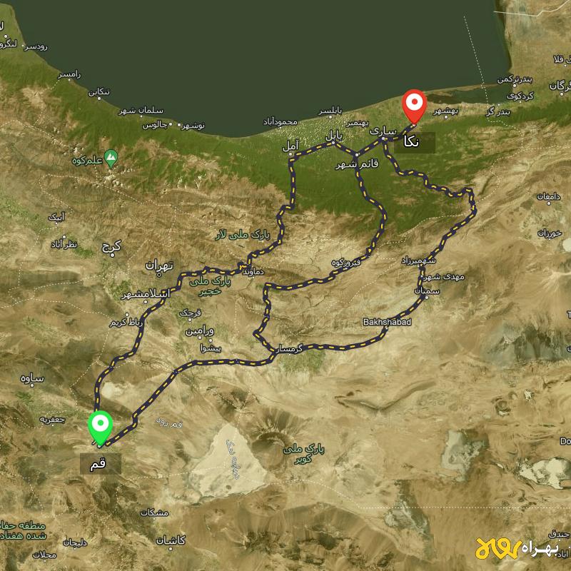 مسافت و فاصله نکا - مازندران تا قم از 3 مسیر - مسیریاب بهراه