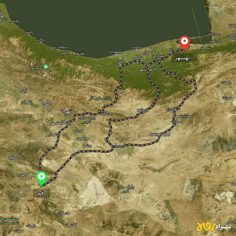 مسافت و فاصله بهشهر - مازندران تا قم از 3 مسیر - مسیریاب بهراه
