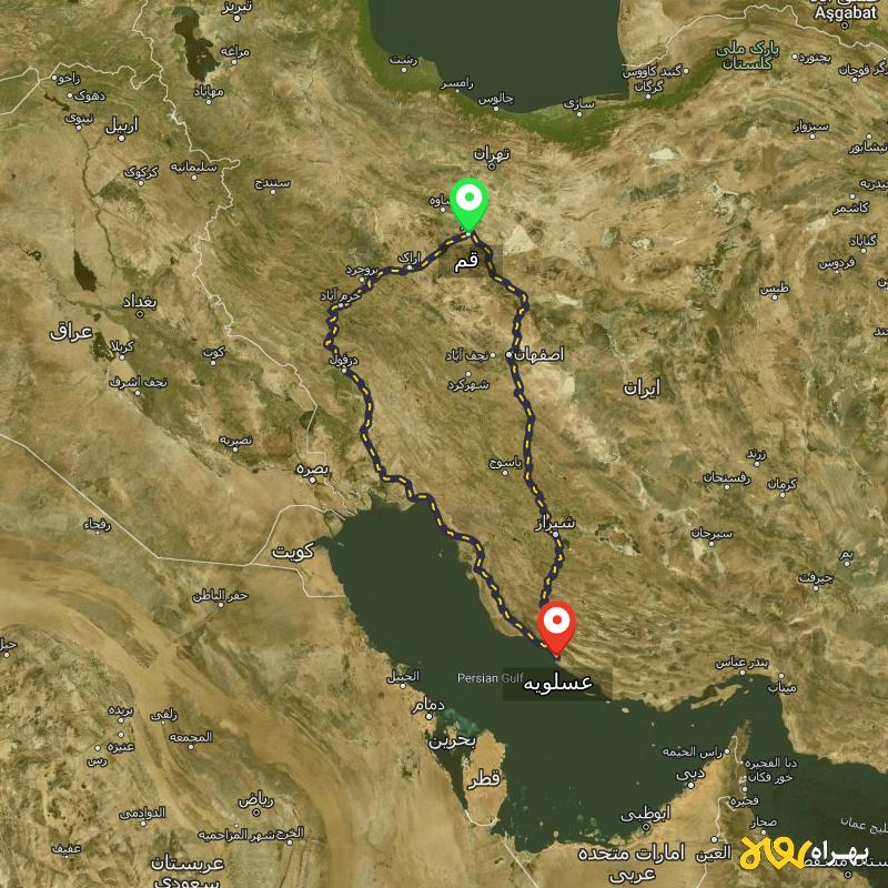 مسافت و فاصله عسلویه - بوشهر تا قم از 2 مسیر - مسیریاب بهراه