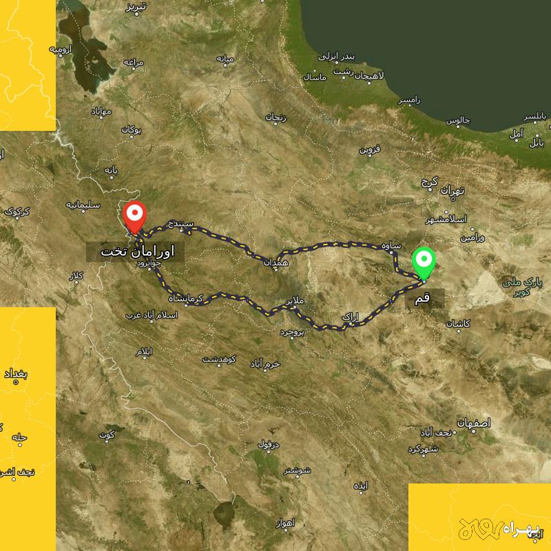 مسافت و فاصله اورامان تخت - کردستان تا قم از ۲ مسیر - آذر ۱۴۰۳