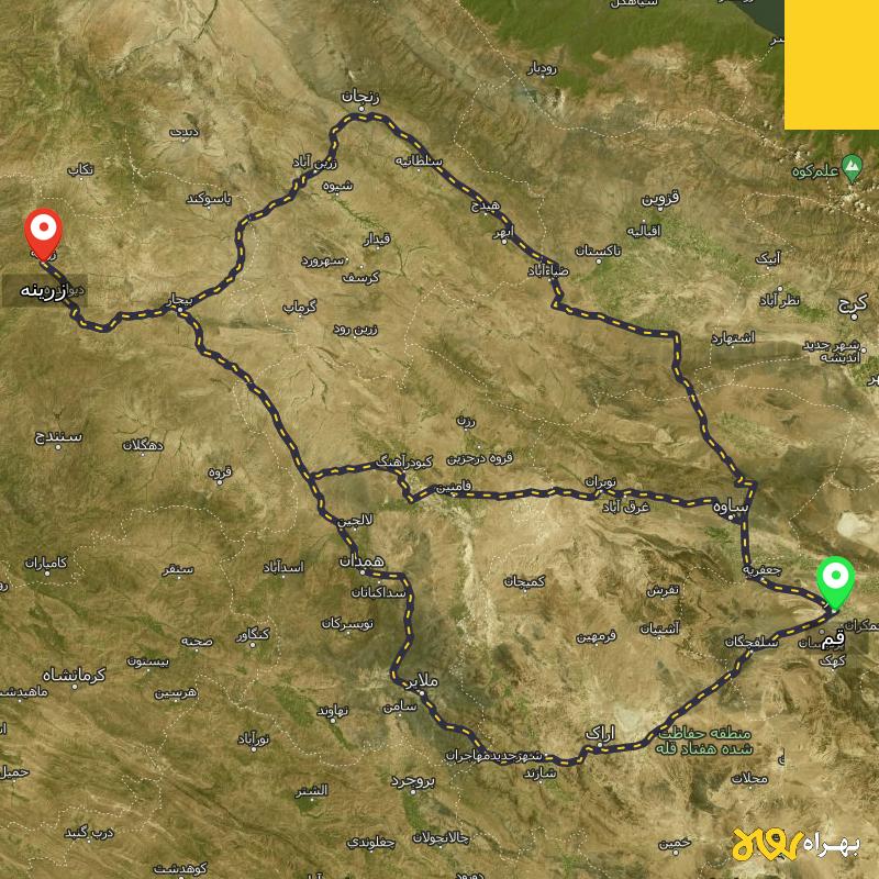 مسافت و فاصله زرینه - کردستان تا قم از ۳ مسیر - مرداد ۱۴۰۳