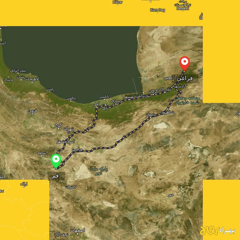 مسافت و فاصله فراغی - گلستان تا قم از ۲ مسیر - شهریور ۱۴۰۳