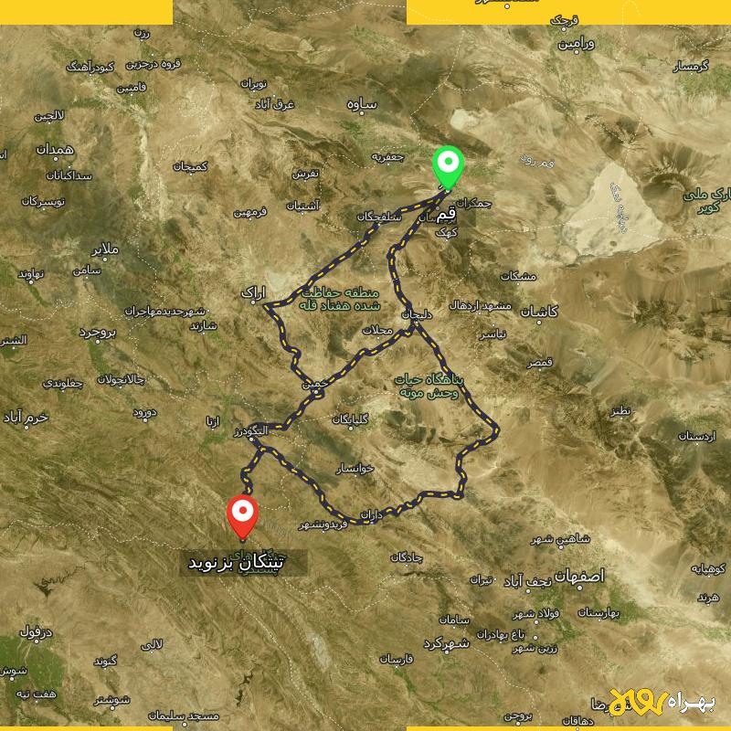 مسافت و فاصله تیتکان بزنوید - لرستان تا قم از ۳ مسیر - شهریور ۱۴۰۳