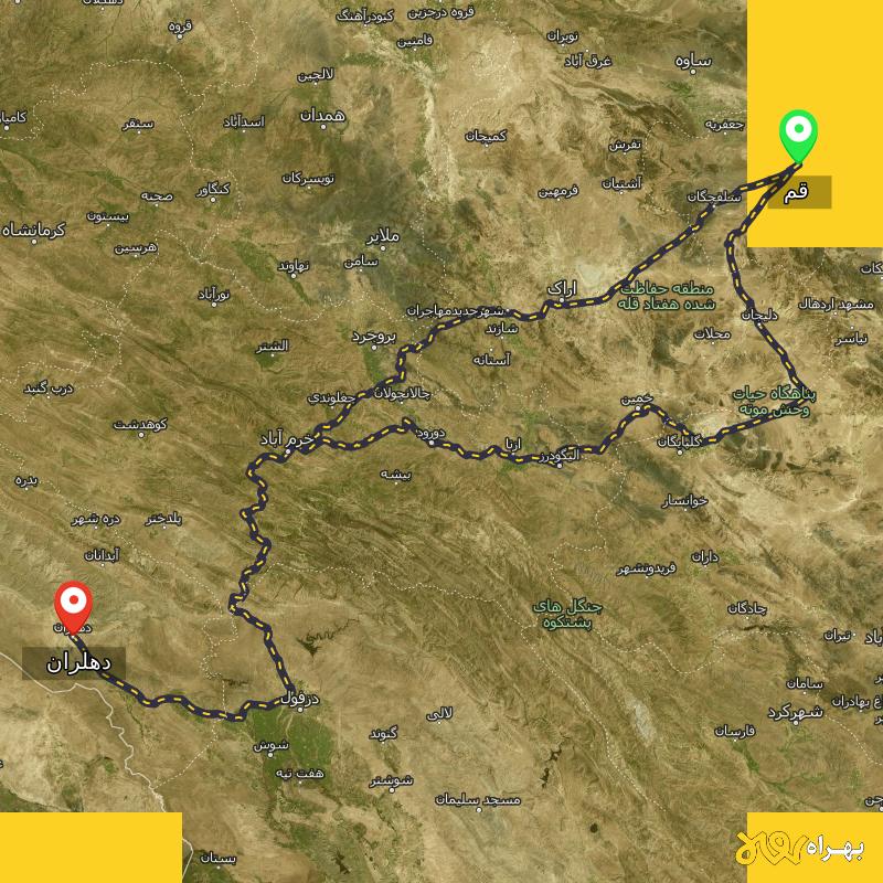 مسافت و فاصله دهلران - ایلام تا قم از ۲ مسیر - آذر ۱۴۰۳