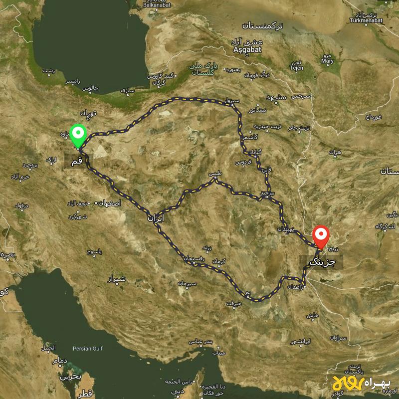 مسافت و فاصله جزینک - سیستان و بلوچستان تا قم از ۳ مسیر - مرداد ۱۴۰۳