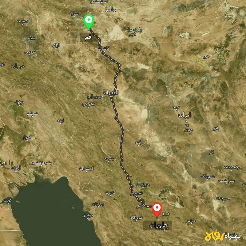 مسافت و فاصله خاوران - فارس تا قم - آبان ۱۴۰۳
