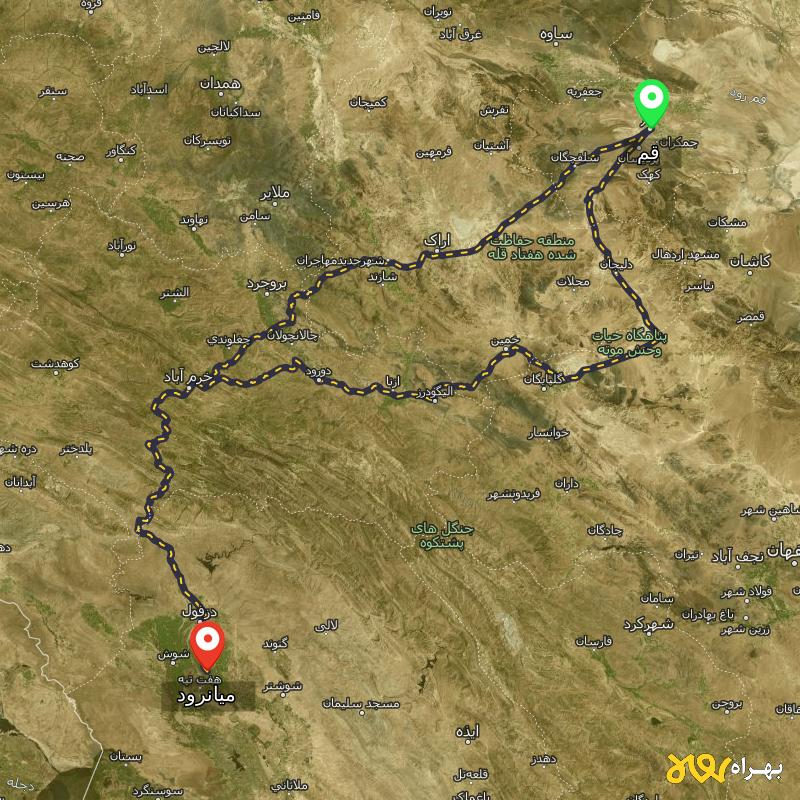 مسافت و فاصله میانرود - خوزستان تا قم از ۲ مسیر - مهر ۱۴۰۳
