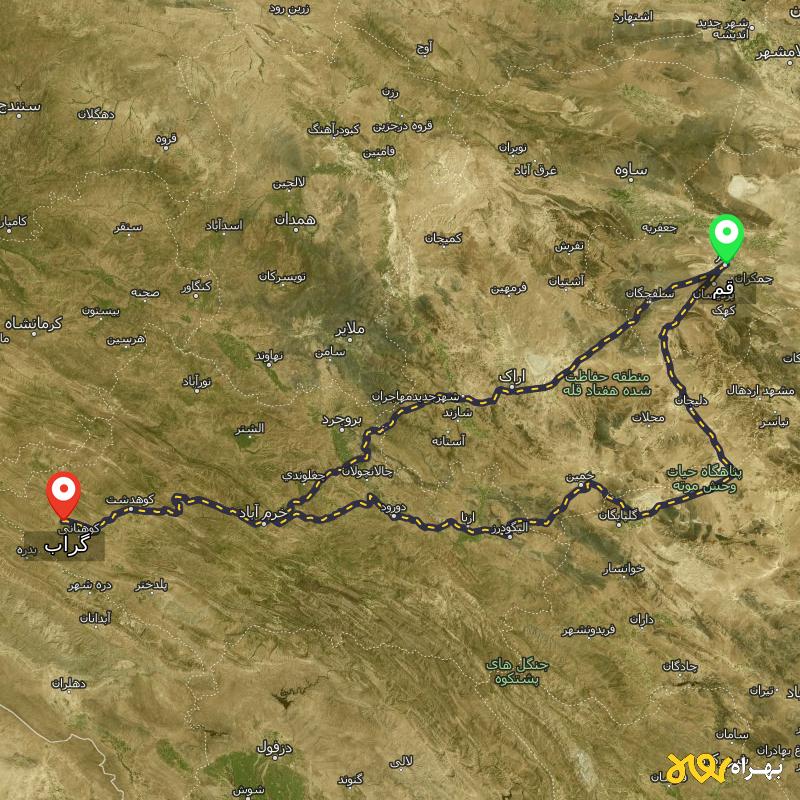 مسافت و فاصله گراب - لرستان تا قم از ۲ مسیر - شهریور ۱۴۰۳
