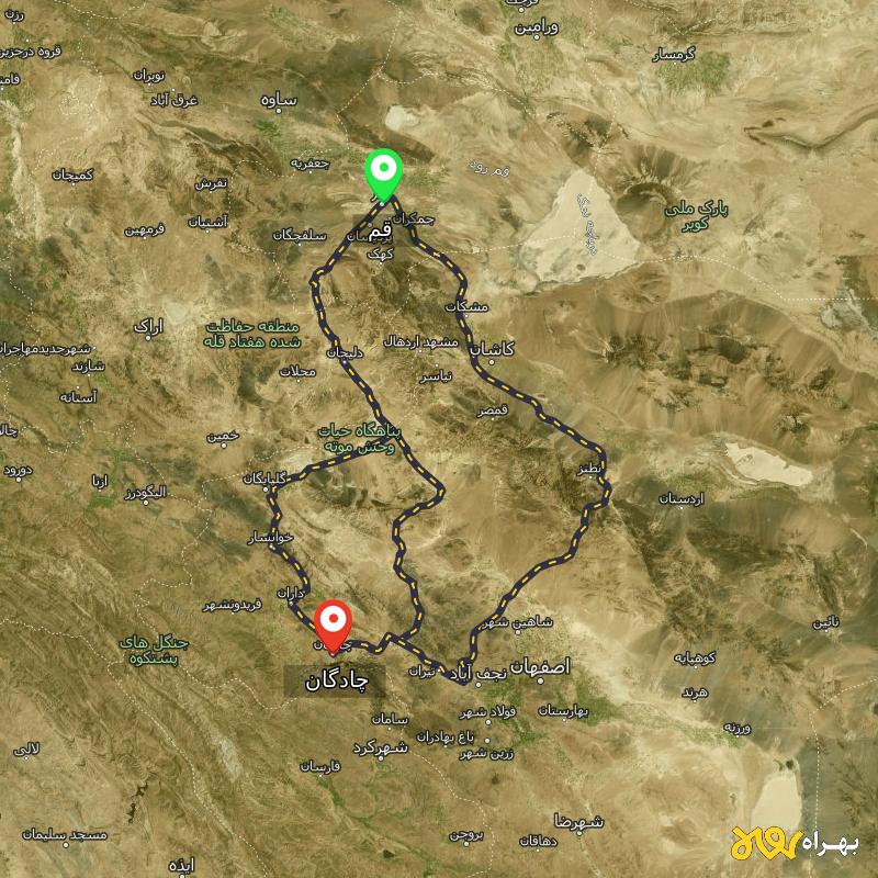 مسافت و فاصله چادگان - اصفهان تا قم از ۳ مسیر - دی ۱۴۰۳