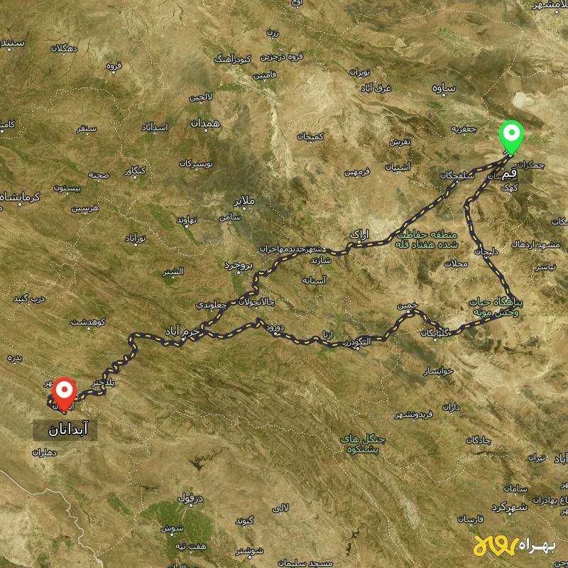 مسافت و فاصله آبدانان - ایلام تا قم از ۲ مسیر - دی ۱۴۰۳